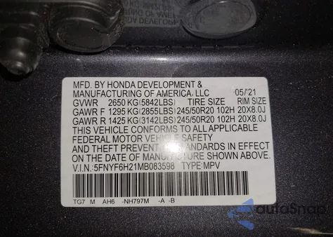 2021 Honda Pilot Awd Special Edition из США, поврежденный, VIN 5FNYF6H21MB083598